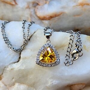 925 Silver Pendant Yellow Zircon Diamond Cut Pave Topaz 14K Gold plated Chain